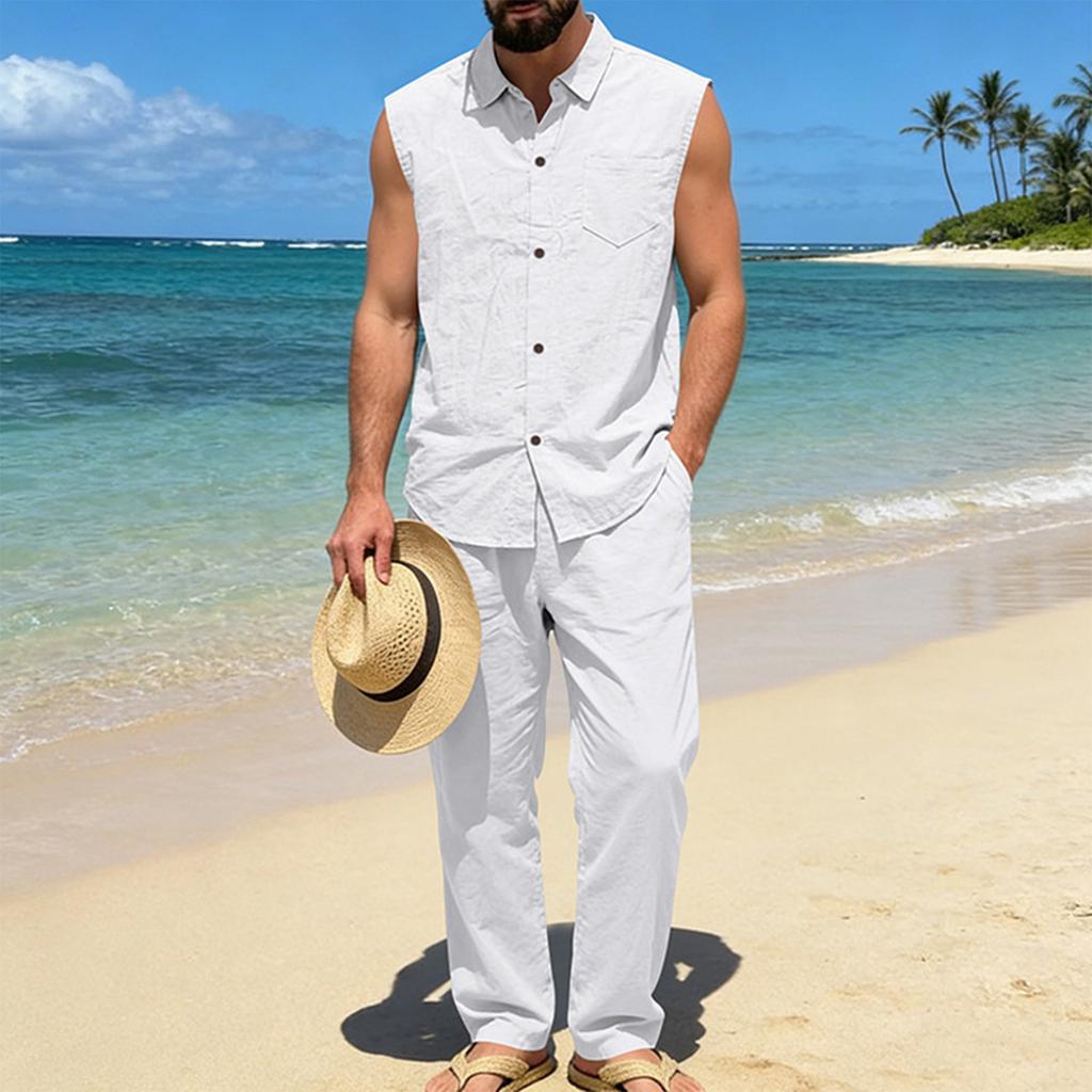 Men's Cotton-Linen Casual Hoodie Vest And Pants Set