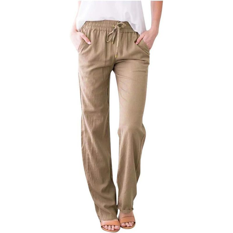 Women Drawstring Waist Wide Leg Loose Cotton Linen Pants