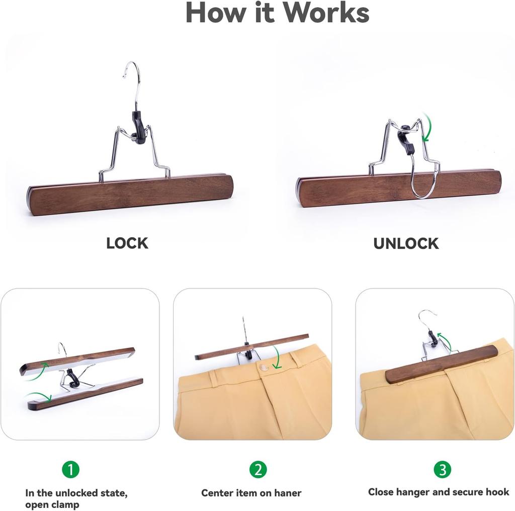 5-30PCS Wooden Pants Skirt Hangers Smooth Solid Wood Non Slip Jeans Slack Clamp Hangers Hair Extension Hangers with Swivel Hook