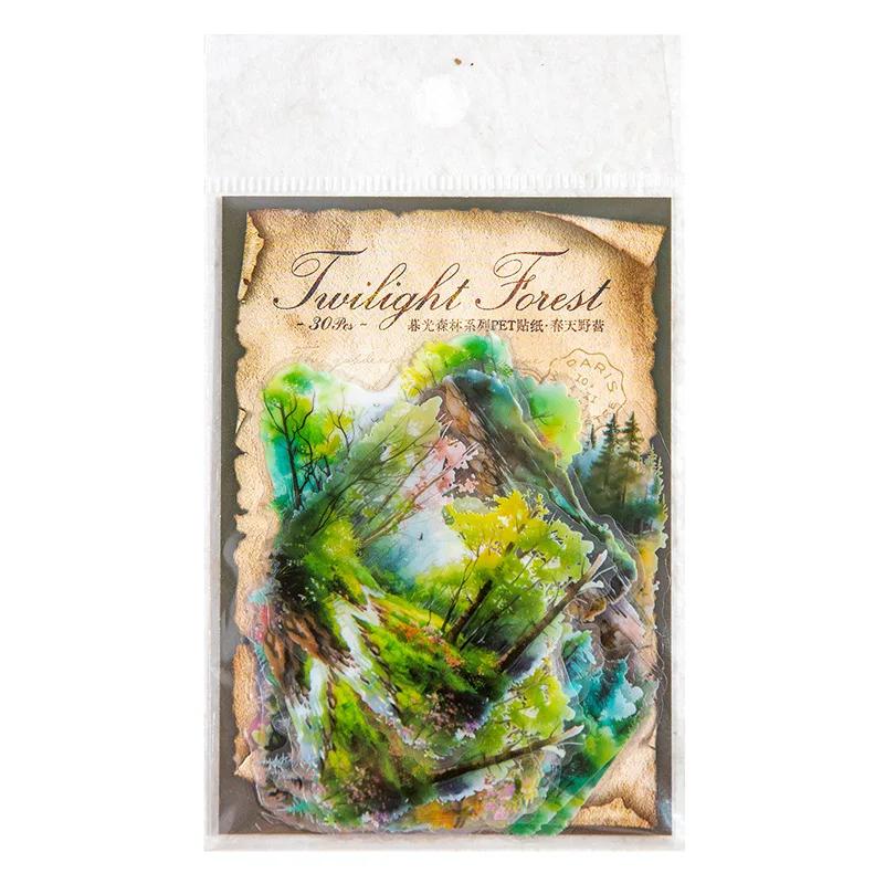30Pcsbag Transparent Stickers Bag Twilight Forest Series Art Landscape Scrapbook Junk Journal Diary Decorative Collages