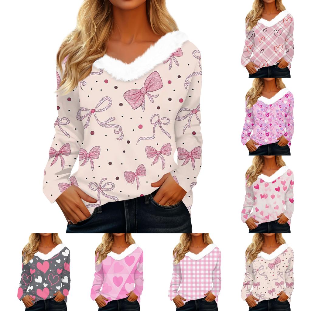 Women's Valentine's Day Printed Long-Sleeved Shirt, V-Neck, Casual Loose-Fitting T-Shirt Top