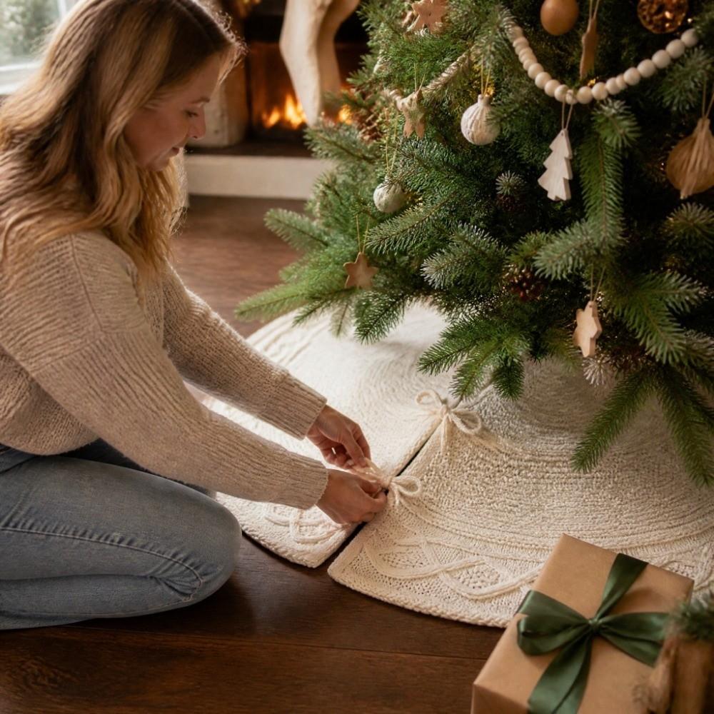 Solid Color Cable Knit Tree Skirt Bowknot Xmas Tree Decor  Home Decorations