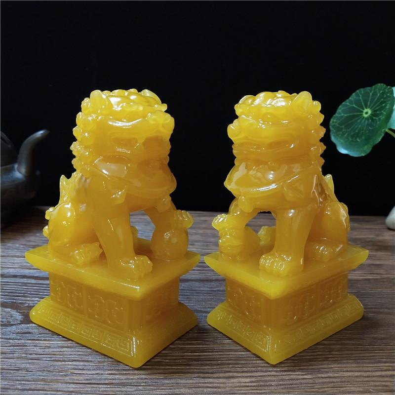 2Pcs Gold Fu Foo Dogs Lions Statues Feng Shui Man-made Jade Stone Buddha Dragon Sculpture Figurines Statue Home Decoration