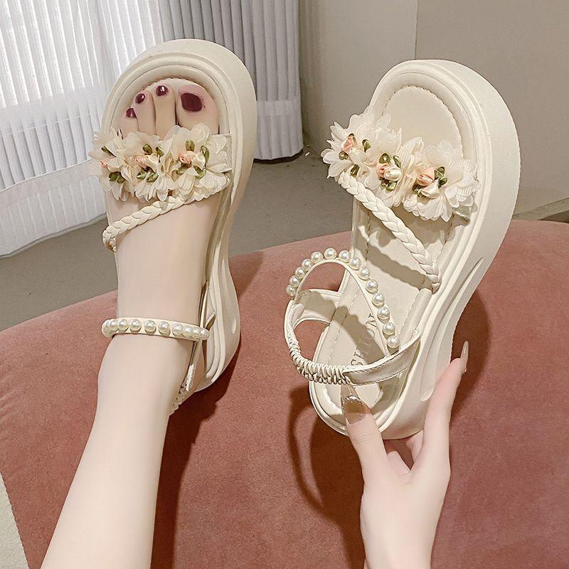 Fashion Sandals for Women Open Toe Pearl Platform Flowers Woman Shoes Anti Slip 2025 Trending Hot Luxury On Offer Summer Offers Footwear