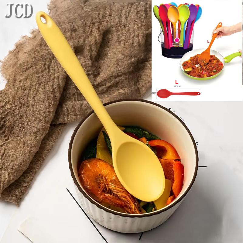 JCD 1pc Soft Silicone Food Grade Long Handled Heat-Resistant Soup Spoon For Stirring Eating Cooking Tableware Accessories