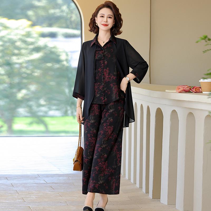 2025 Summer Chinese Style Wide-Leg Pants & Temperament Two-Piece Set for Middle-Aged Women