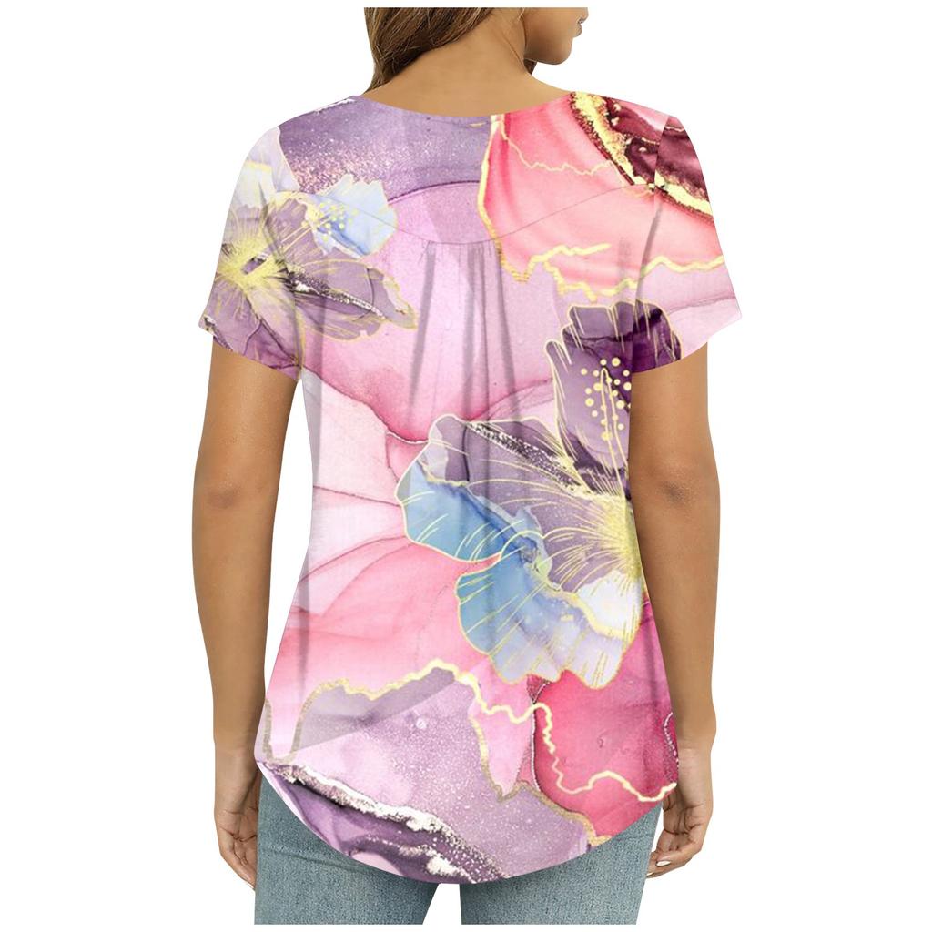 Damen Mode Blumendruck Plissee Kurzarm Casual T-Shirt Knopf Top
