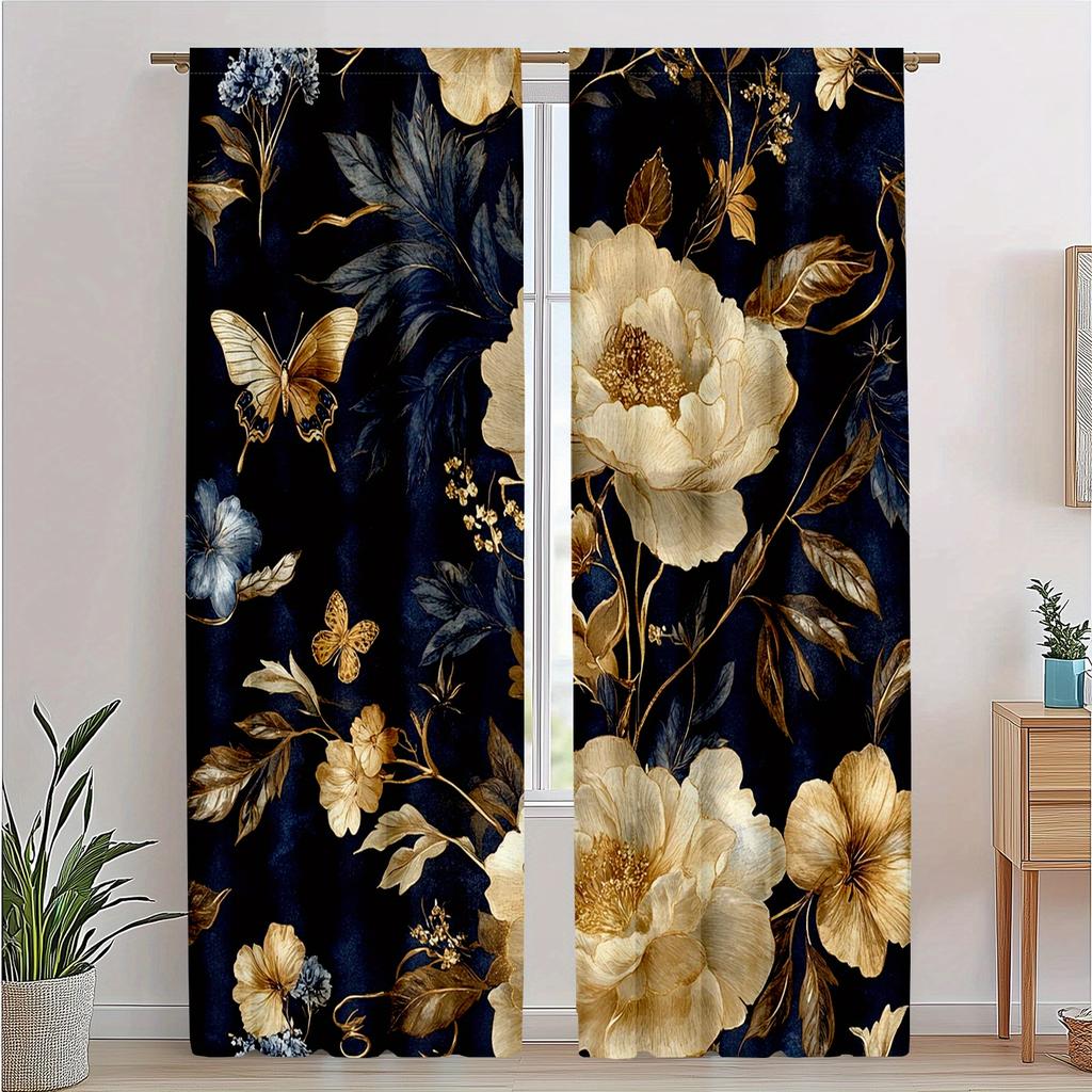 2pc Vintage peony butterfly pattern curtains, polyester fabric machine washable, suitable for bedroom and living room decoration