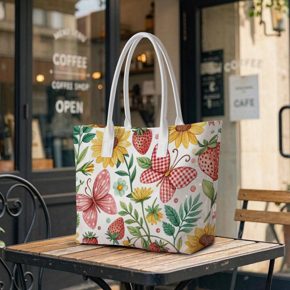 Cute Floral Butterfly Strawberry Fashion Casual Large Tote Bag For Women Daily Use Lightweight Stylish Shoulder Bag