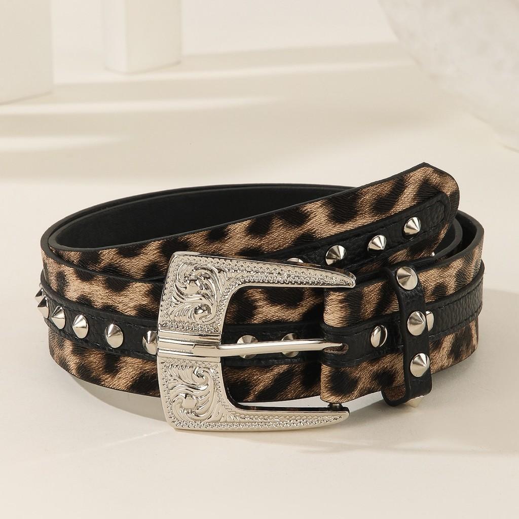 Fashion Print Leopard Pattern Rhinestone Metal Buckle Decoration Women Wide Belt