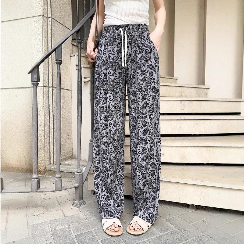 

Women s Printed Wide-legged Trousers Summer Lazy Sense of High-waisted Outside Wear Air-conditioning Trousers Loose Thin Section Straight Trousers L