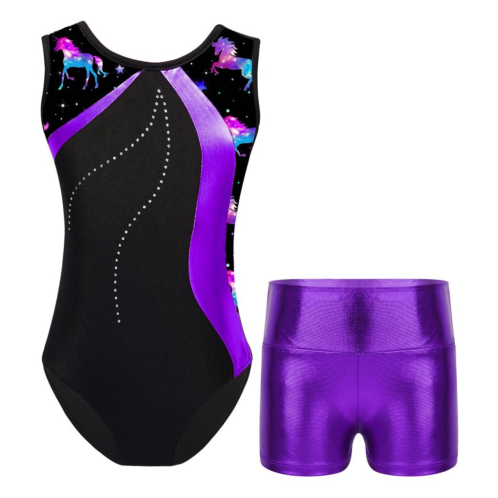 Girls Dance Leotard Sleeveless Patchwork Print Metallic High Waist Shorts Gymnastics Performance Outfit