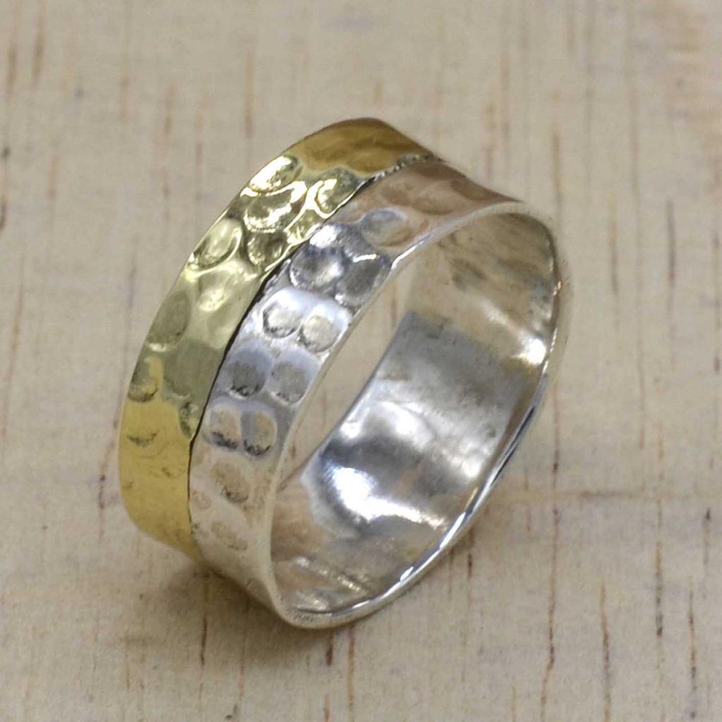 Two Tone Band Silver Ring For Man Engagement Jewelry, Sterling Solid Silver Hammered Handmade, Unique Gift For Him