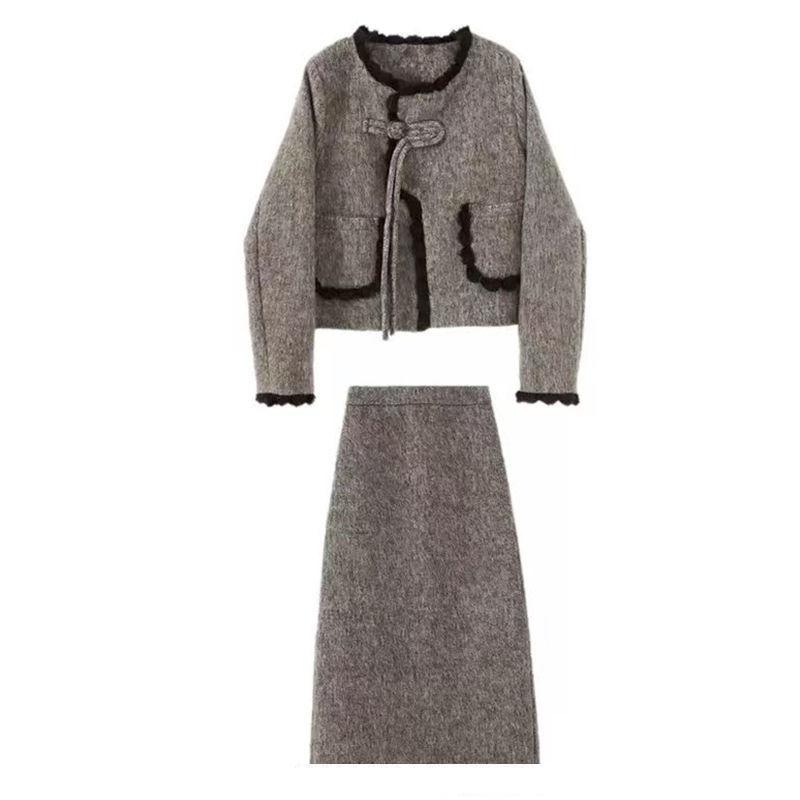 

Зимний костюм Женское пальто высокого класса Контрастный цвет Шерстяное теплое пальто Высокая талия и стройнящий эффект Половина тела Средняя и длинная юбка L