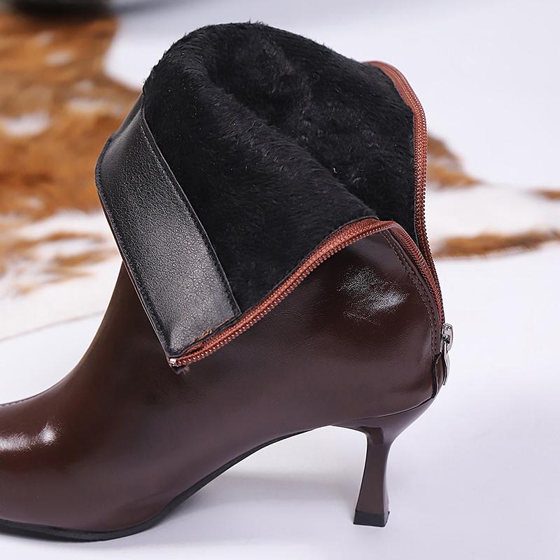 Sexy Pu Leather Thin High Heels Boots Women Back Zipper Pointed Toe Ankle Boots Woman Fleece Lining Warm Short Booties Mujer 42