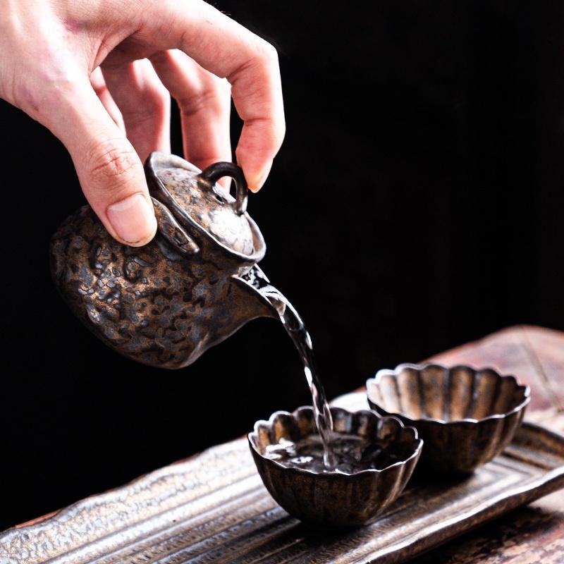 Old Rock Mud Rough Pottery Tea Pot Retro Black Gold glazeTeapot Tea Kettle Tea Ceremony Tea Making Single Pot Tea Ceremony