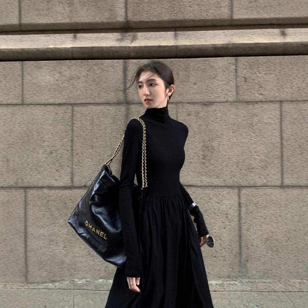 New French Style Temperament Women's High-Grade Black Dress Hepburn Style Gray Turtleneck Dress for Women