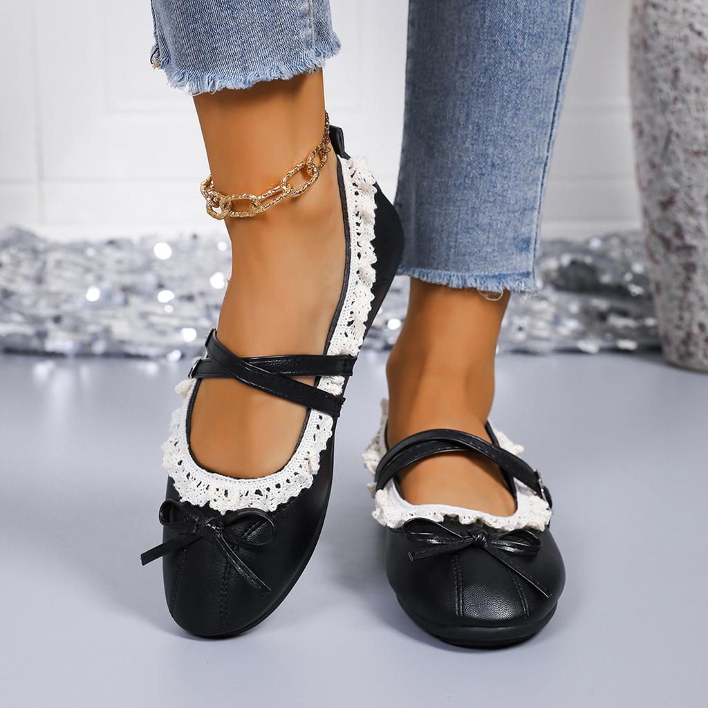 Girls Mary Jane Flats Double Buckle Straps Lace Trim Ballet Shoes Soft Sole Casual Slip On Footwear for Kids