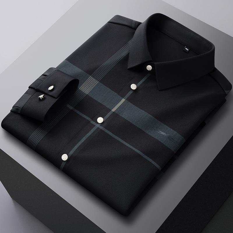 New in Shirts Luxury Long Sleeve Shirts for Men Slim Fit Casual Tops Elegant Anti-Wrinkle Elastic Soft Nylon Plaid Clothes