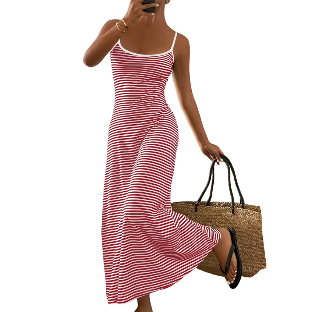 Women's Fashionable Casual Spaghetti-Strap Sexy Backless Fitted Striped Dress