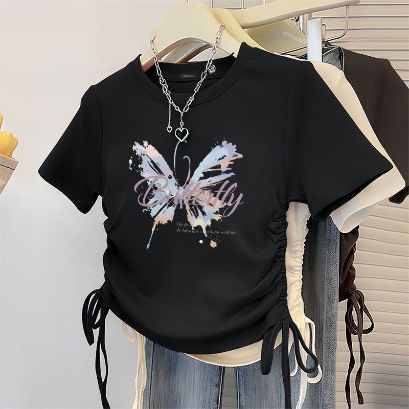 

Трендовый летний топ с короткими рукавами и кулиской на плече в корейском стиле 2025 года, приталенного кроя, для детей 130cm чёрный