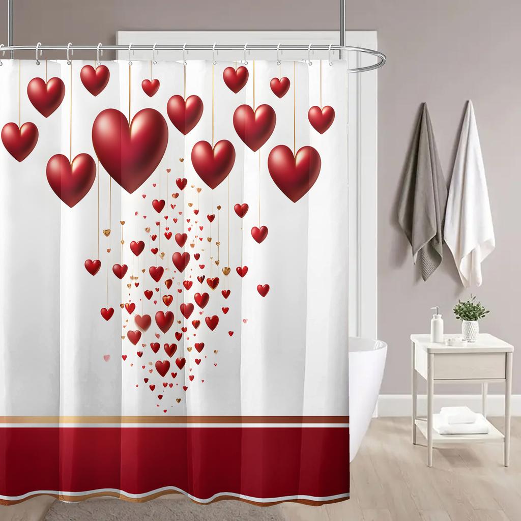 1pc Golden chain red balloon and red rectangular printed shower curtain polyester fabric with hooks Valentine's Day window