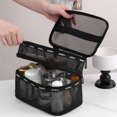 Multifunctional Travel Makeup Storage Bag with Black Mesh Exterior and Transparent Inner Layers–Durable Nylon Fabric Storage Bag