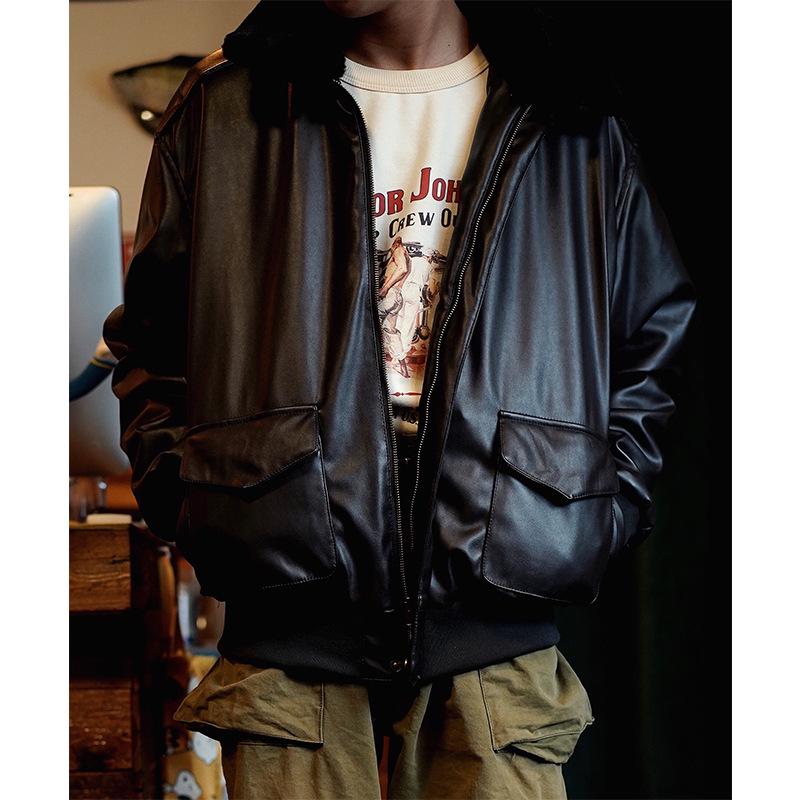 Normanlong Men's Retro A2 Aviator Jacket - American Military Vietnam War Leather with Fur Collar & Cotton Lining