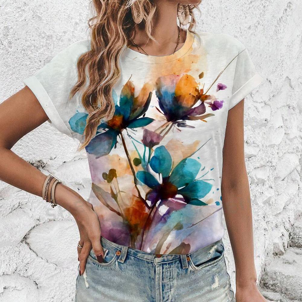 

Женская футболка с художественным 3D-принтом с цветочным узором, женская футболка с коротким рукавом 6XL