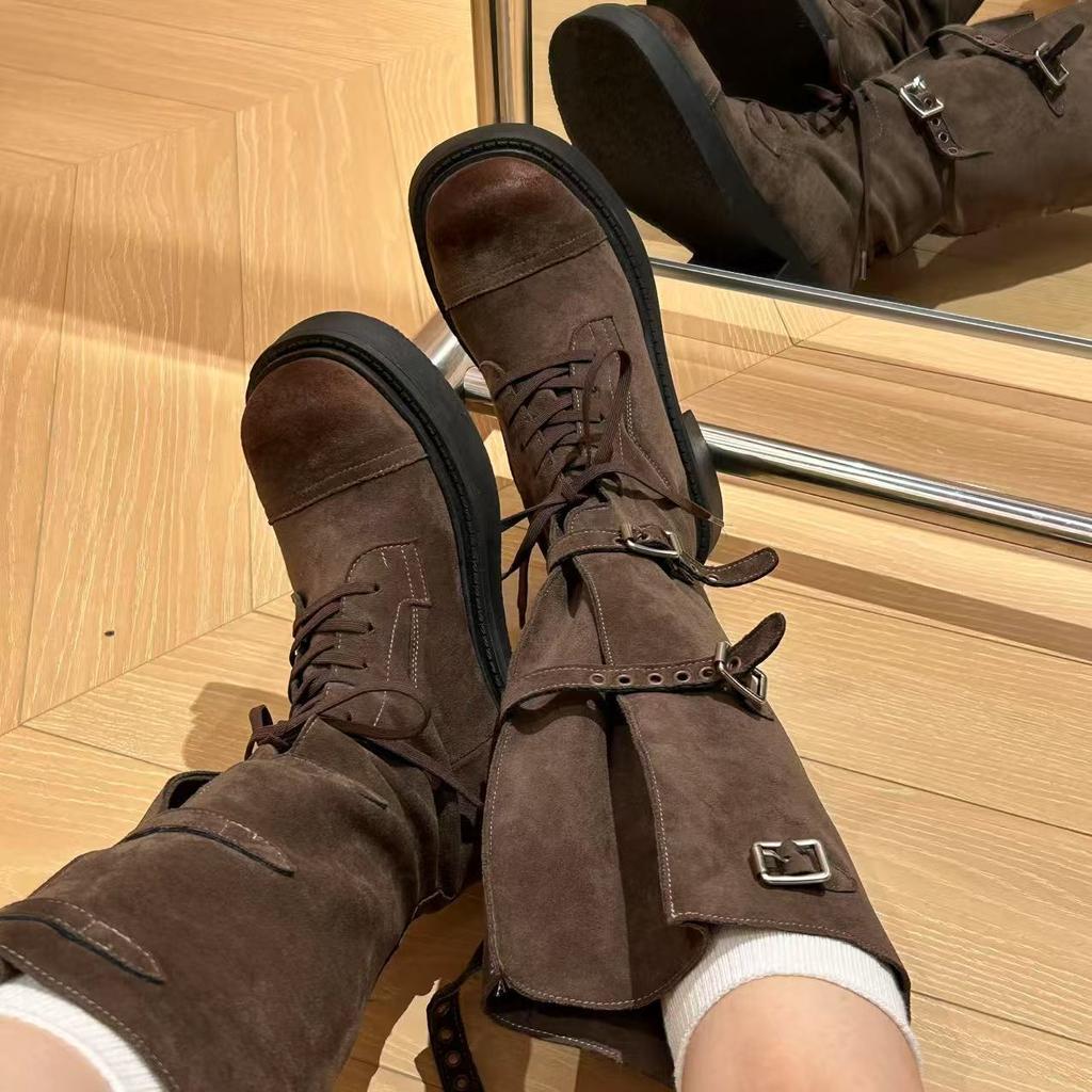 Reines Verlangen Babes~ 25 Herbst- und Winter-Beintyp-Retter verstellbarer großer Schaftumfang hoher Schaft Ritterstiefel Damen Retro Riemenstiefel