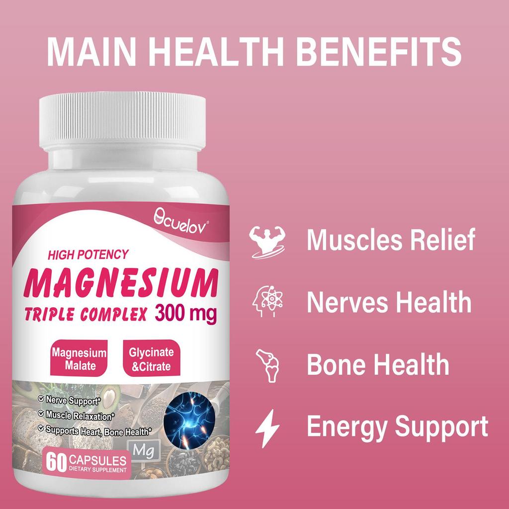 Magnesium Complex Supplement 300 mg - 3-in-1 High-Absorption Chelated Magnesium 60 Capsules