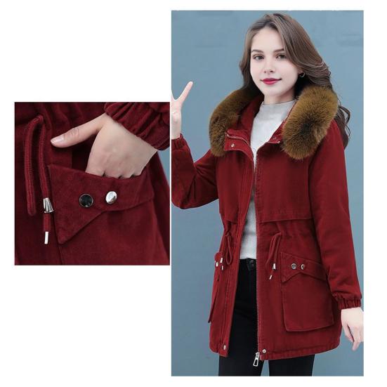 Winter Women Cotton Jacket with Furry Hood with Double Pockets Drawstring Waist Mid Length Zipper Closure Coat Solid Color Windproof Outwear Parka