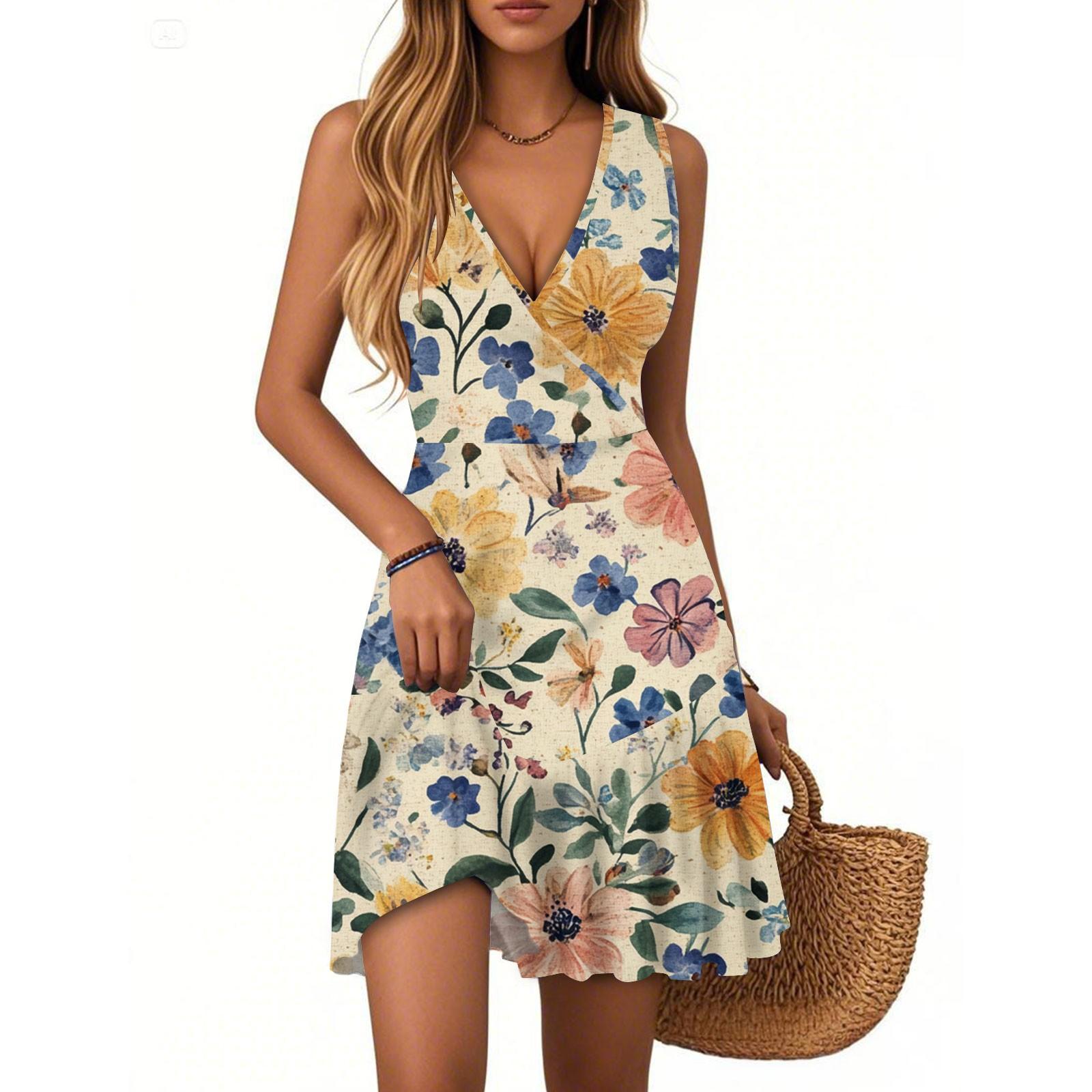 

Women s Dress V-neck Sleeveless Casual Floral Print Hem Pleated Dress XL жовтий