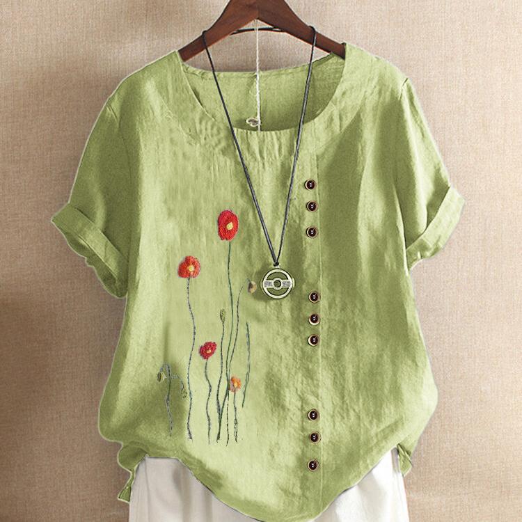 

Блузка с вышитым цветком, винтажная рубашка с короткими рукавами и круглым вырезом, украшенная пуговицами для женщин 4XL зелёный