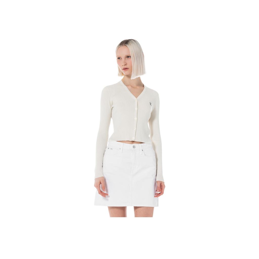Calvin Klein Jeans Letter Jacquard V-Neck Long Sleeve Knit Top Women Tops Off-White J224287