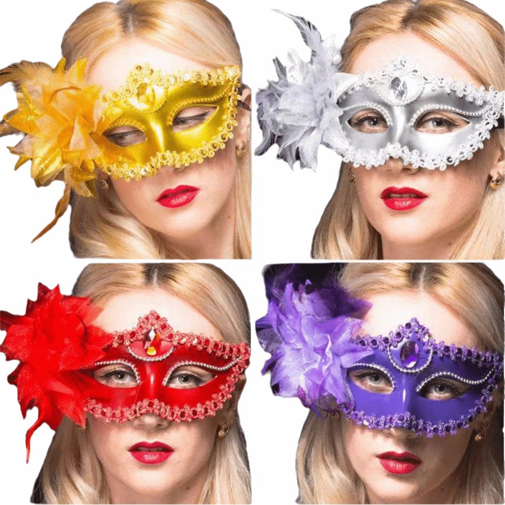 Performance Costume Diamond Decorated Venetian Mask Flower Design Half Face Feather Mask Sexy Style Masquerade Mask Halloween