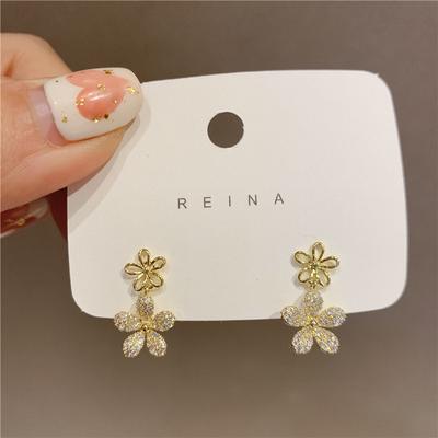 Korea   Design Fashion Jewelry 14K Gold Plated Exquisite AAA Zircon Hollow Flower Earring Elegant Women's Wedding Accessories