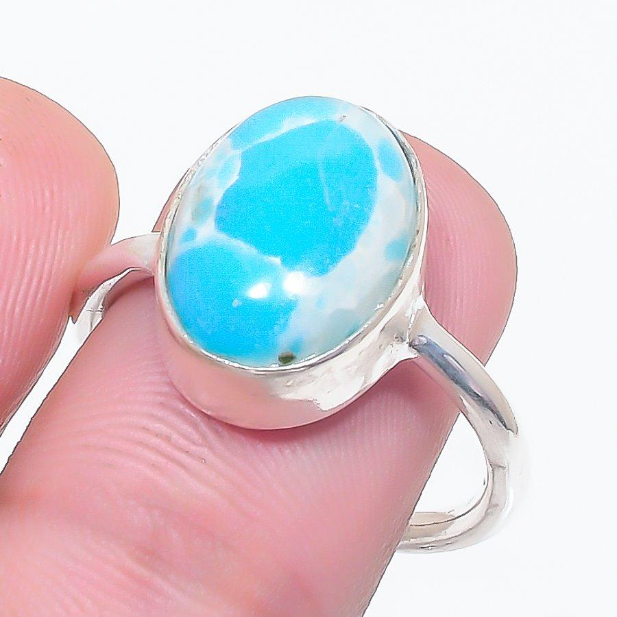 Natural Larimar Gemstone Handmade 925 Sterling Silver Jewelry Ring Size 7.5 O2s28