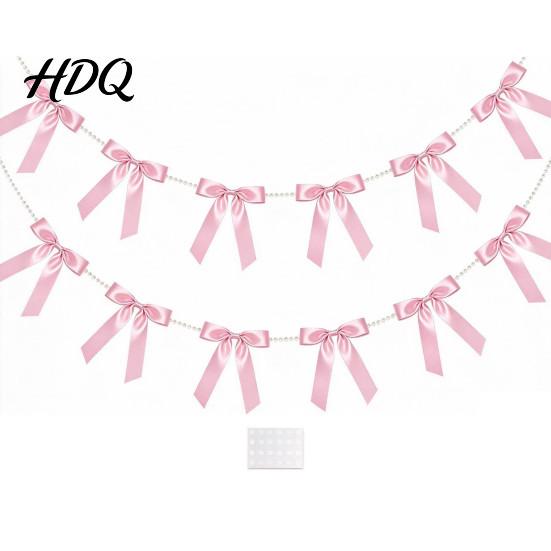Bridal Shower Photo Props Bow Garland Banner Satin Ribbon Bows with Faux Pearl Chain 2m Bowknot Banner for Wedding Wedding Shower Bachelorette