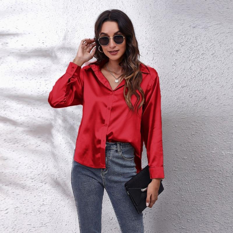 JPNTKY Women's Fashion Casual Solid Color Print POLO Neck Long Sleeve Blouses & Shirts