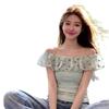 Small fresh green polka dot one-word shoulder short-sleeved t-shirt women's summer design sense chic and beautiful off-the-shoulder pure top