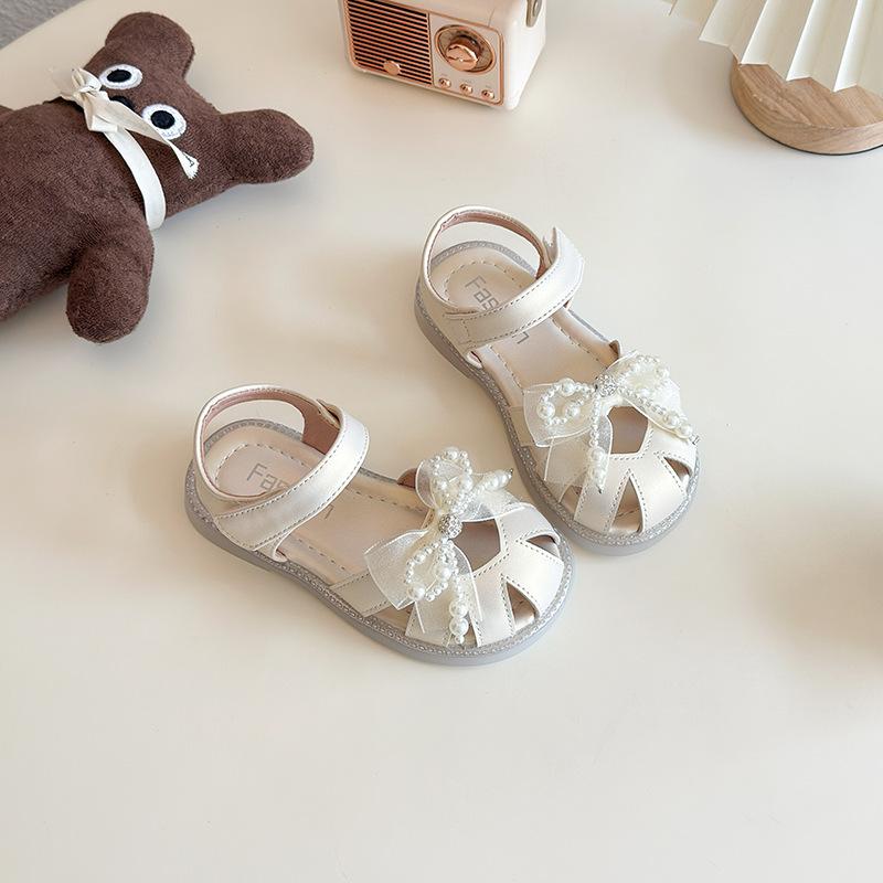 

Girls Princess Shoes for Summer Lace Bows Kids Sandals Hollowed-out Soft Versatile 2025 Brand New Children Beach Shoes Non-slip 23 бежевый