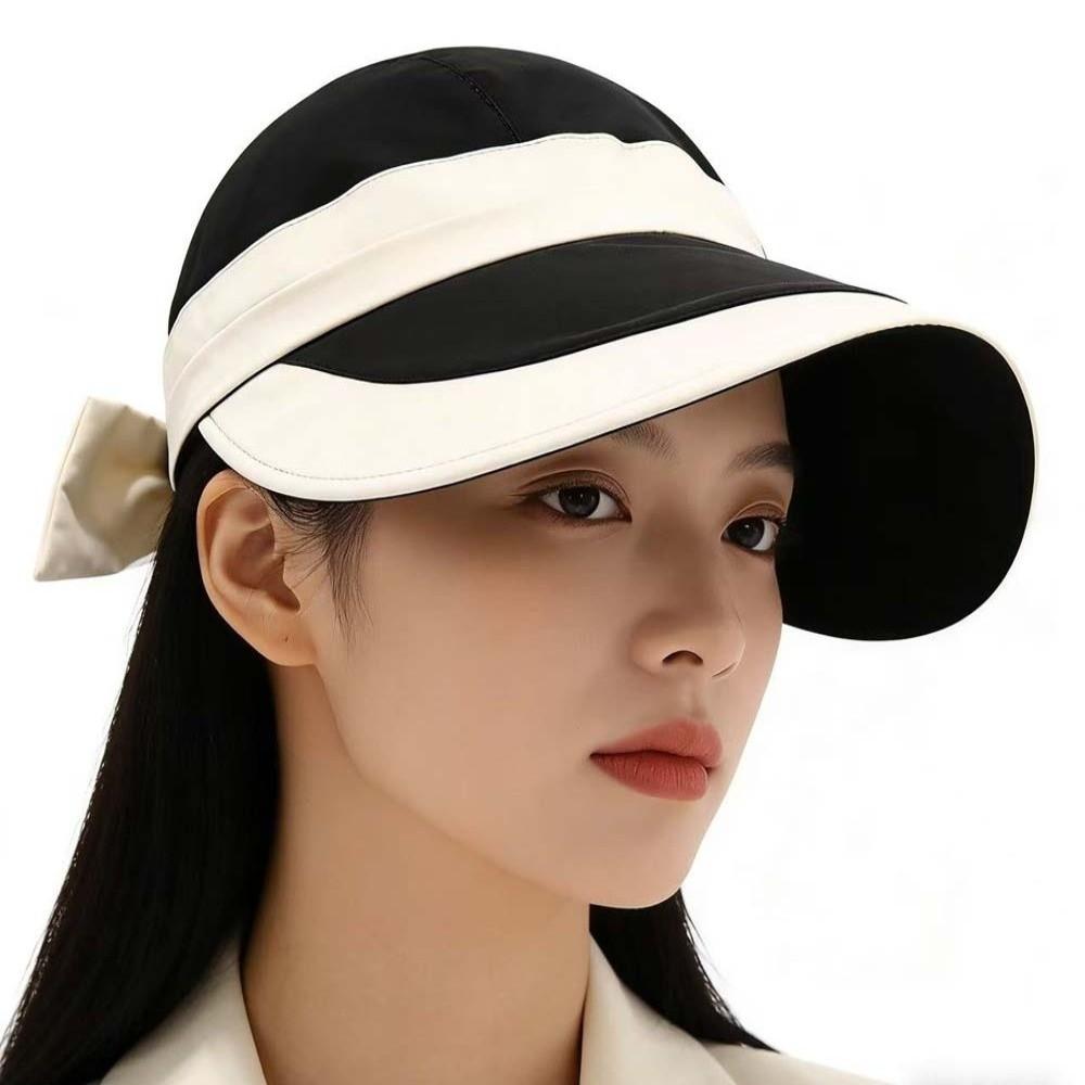 Polyester Wide Brim Sun Cap Portable Women Sunshade Hat Contrast Color Visor Cap  Seaside Vacation