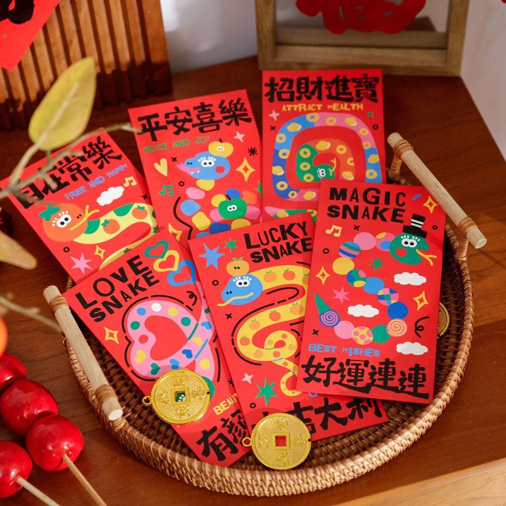 

6PCS/SET Chinese Style Red Envelopes Cartoon Calligraphy Red Pocket New Year Gifts Style B