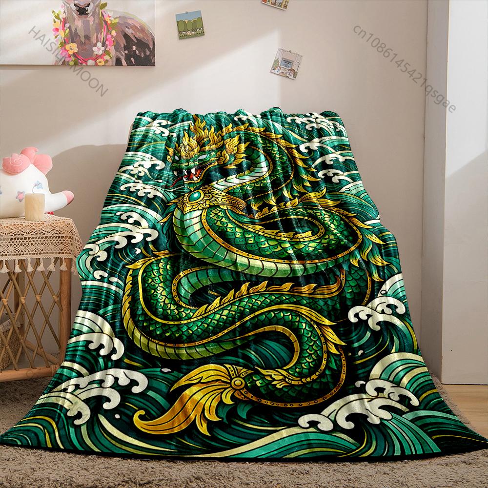 Multiple Sizes Dragon and Waves Print Blanket Warm Soft Suitable for All Seasons for Home Sofa Travel Camping Picnics RV