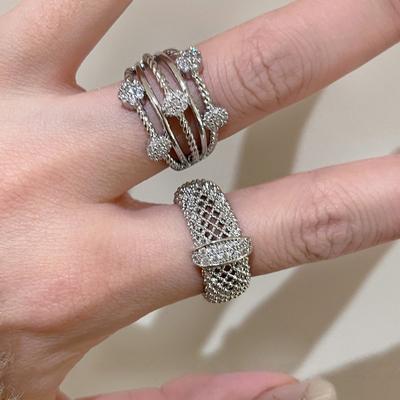 Y2K Sweet Cool Zircon Exaggerated Ring Women Hollow Grid Stackable Opening Adjustable Ring Personality Exquisite Jewelry Gifts