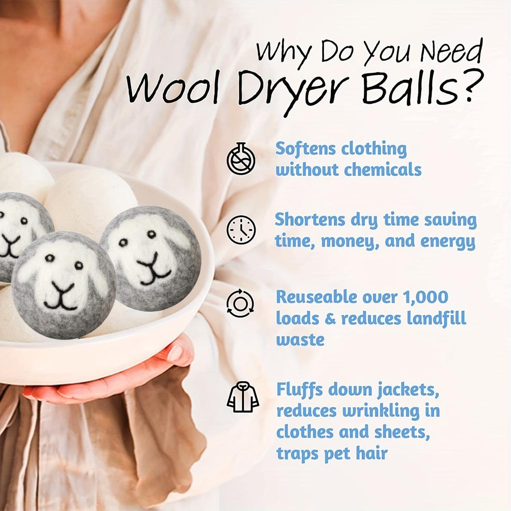 [3pcs Premium Wool Dryer Balls] 3pcs Premium Wool Dryer Balls | Reusable Fabric Softener for Laundry, Grey Sheep Design, Washing Machine Accessories