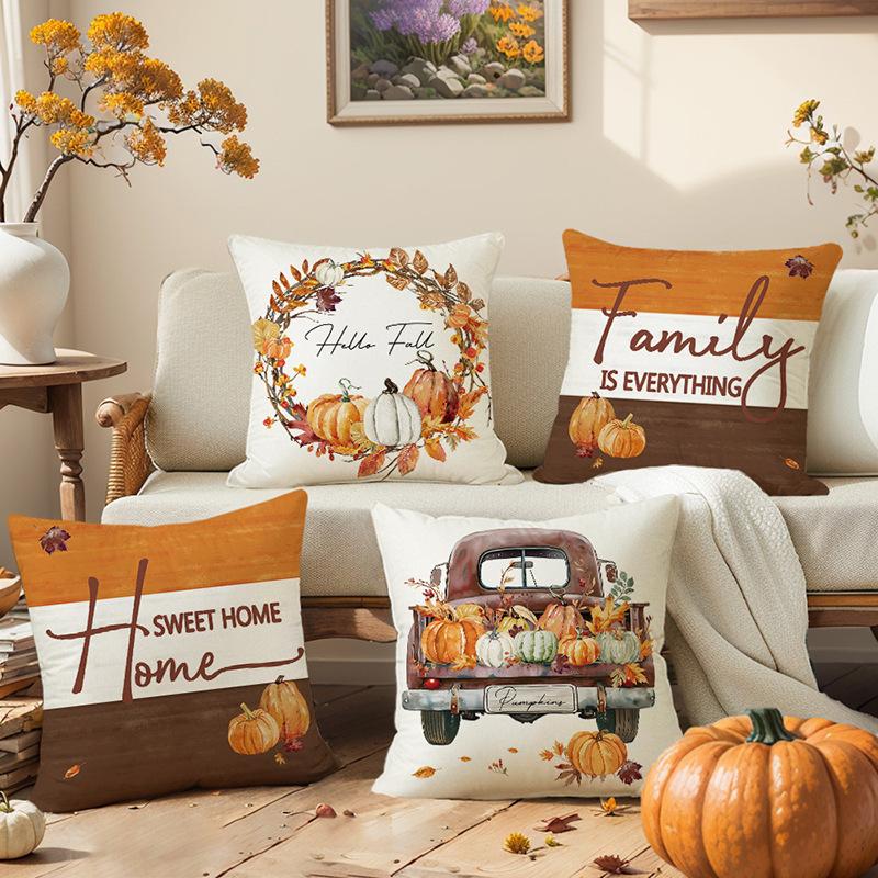Autumn New Thanksgiving Sofa Bedside Pillow Cover Pumpkin Letter Printed Linen Pillow Pillow Back