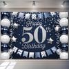 Elegante blaue und weiße 50. Geburtstagsparty-Kulisse mit Sternen, Ballons und Konfetti - Polyester