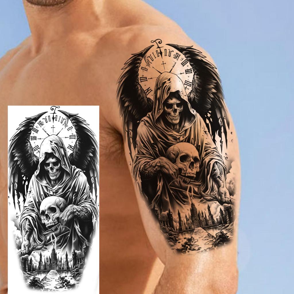 1 Blatt Gruseliger Sensenmann Totenkopf Temporäre Tattoos Halloween Tattoos Langlebig Wasserdicht Tiger Wolf Bestie Fake Tattoo Aufkleber